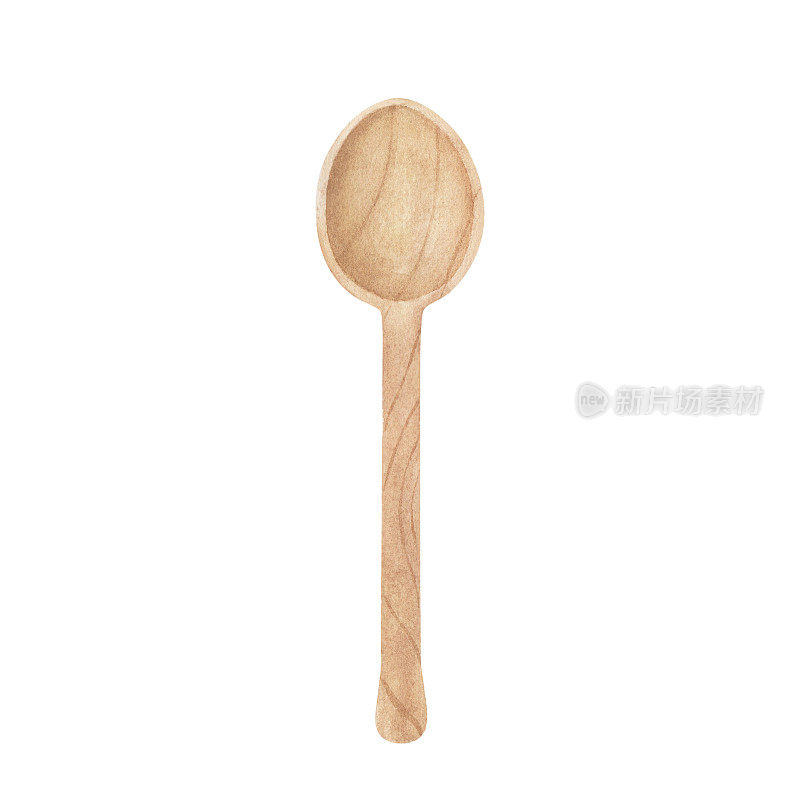 Wooden kitchen utensils: wood spoon. Watercolor illustration isolated on white background. Art for design, menu